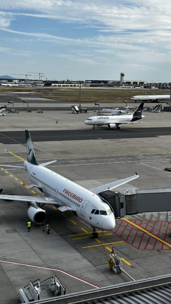 Un Airbus A320-214 de Freebird immatriculé TC-FHK à sa porte d'embarquement l’aéroport de Frankfurt (FRA) en Allemagne