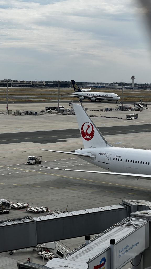 La queue d'un Boeing 787 de Japan Airlines immatriculé JA861J à sa porte d'embarquement l’aéroport de Frankfurt (FRA) en Allemagne avec en arrière-plan un A380 de Singapore Airlines effectuant son roulage.
