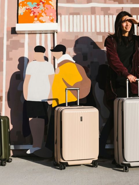 a woman standing next to two suitcases in front of a mural
