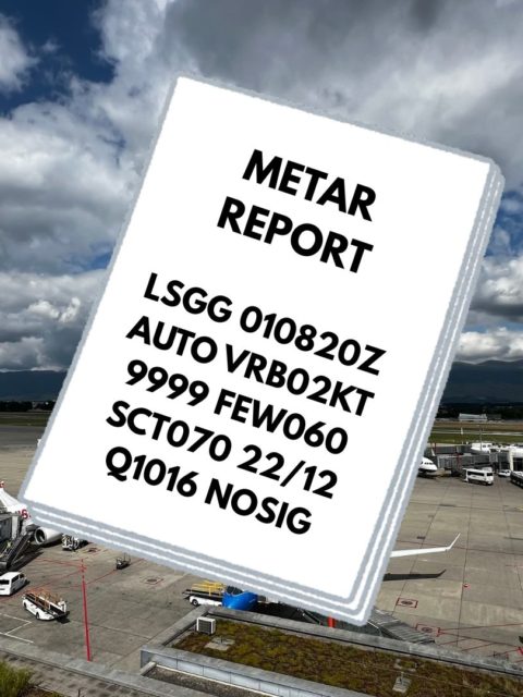 Une image avec l'aéroport de Genève et un collage d'un rapport METAR