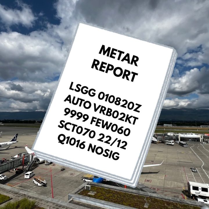Une image avec l'aéroport de Genève et un collage d'un rapport METAR