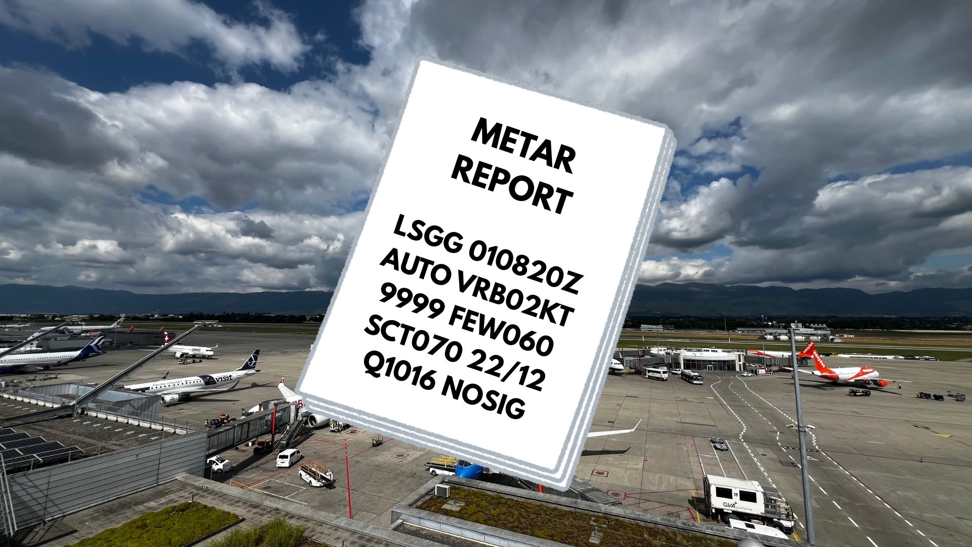 Une image avec l'aéroport de Genève et un collage d'un rapport METAR